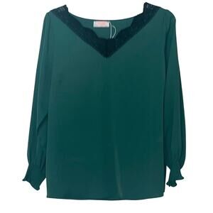 C+D+M LONG SLEEVE, V-NECK, PULL-OVER BLOUSE, WOMENS, XL, GREEN, BLACK LACE NECK